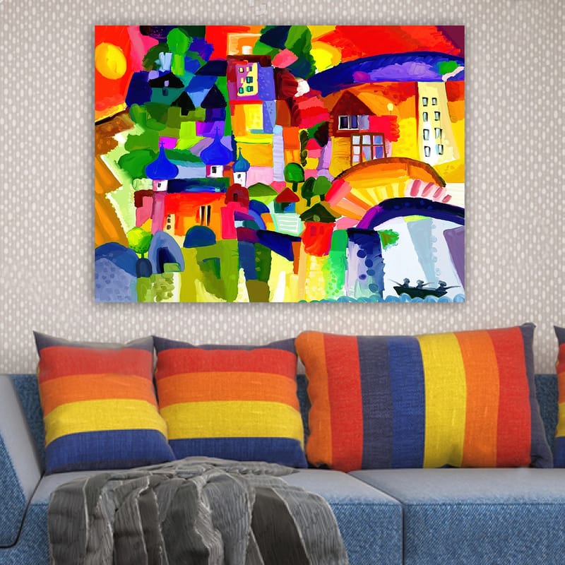 Lerretsbilde 70x100 cm - Fargerik byscene med tårn og bygninger under en solrik himmel - Rød / Grønn / Blå - Interiør - Maleri & posters - Lerretsbilder