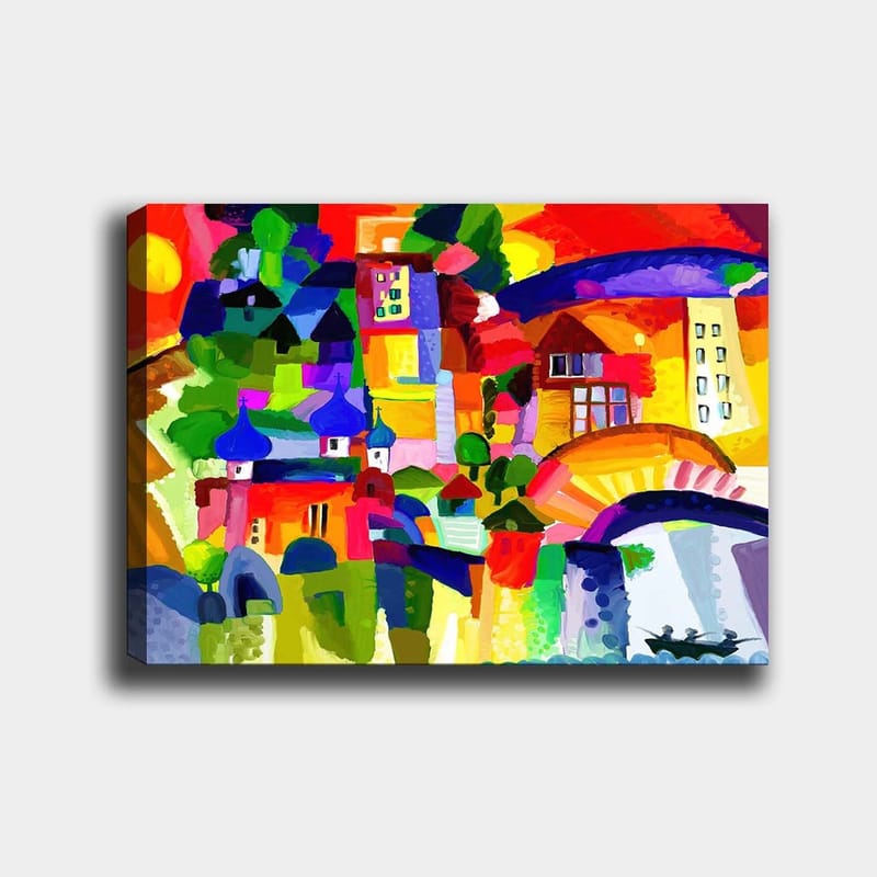 Lerretsbilde 70x100 cm - Fargerik byscene med tårn og bygninger under en solrik himmel, Rød / Grønn / Blå