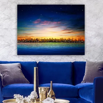 Lerretsbilde 70x100 cm - Fargerik byutsikt ved solnedgang med refleksjoner i vannet - Mørk blå / Oransje / Lys grønn - Interiør - Maleri & posters - Lerretsbilder