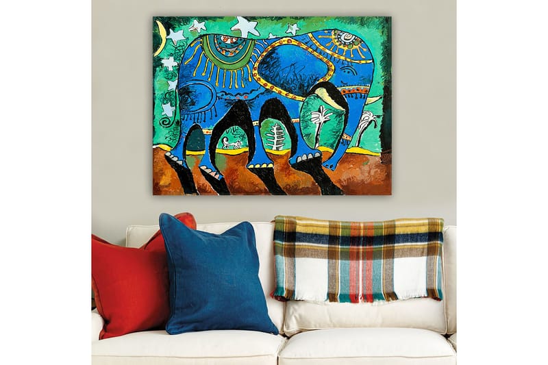 Lerretsbilde 70x100 cm - Fargerik elefant med dekorative mønstre og symboler - Blå / Grønn / Brun - Interiør - Maleri & posters - Lerretsbilder
