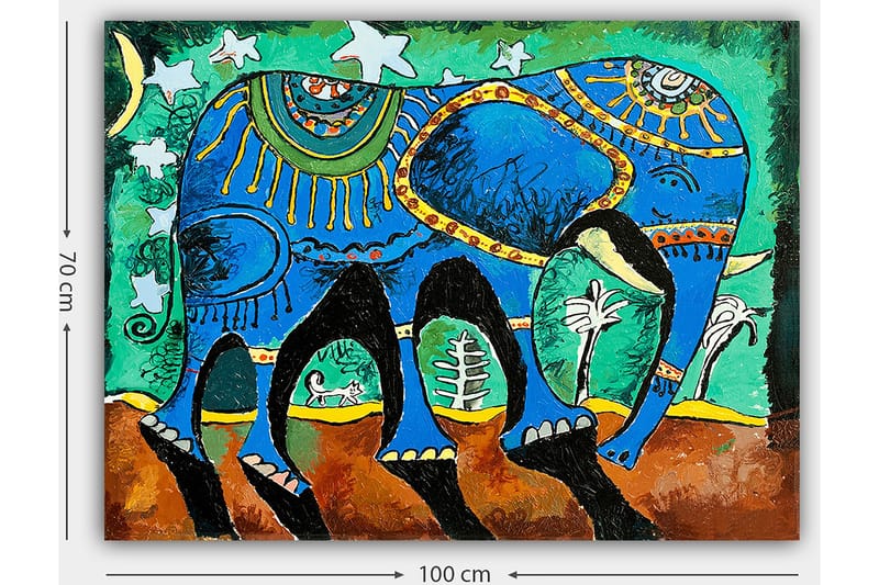 Lerretsbilde 70x100 cm - Fargerik elefant med dekorative mønstre og symboler - Blå / Grønn / Brun - Interiør - Maleri & posters - Lerretsbilder