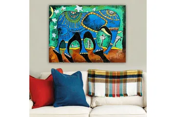 Lerretsbilde 70x100 cm - Fargerik elefant med dekorative mønstre og symboler - Blå / Grønn / Brun - Interiør - Maleri & posters - Lerretsbilder