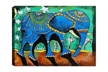 Lerretsbilde 70x100 cm - Fargerik elefant med dekorative mønstre og symboler - Blå / Grønn / Brun - Interiør - Maleri & posters - Lerretsbilder
