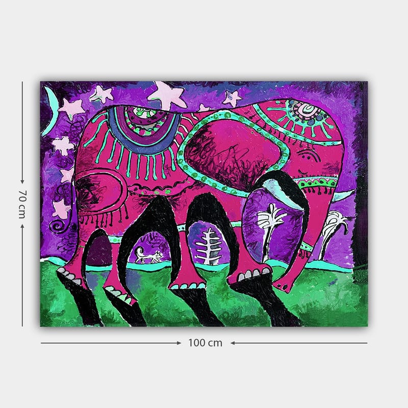 Lerretsbilde 70x100 cm - Fargerik elefant med dekorative mønstre og symboler - Lilla / Rosa / Grønn - Interiør - Maleri & posters - Lerretsbilder