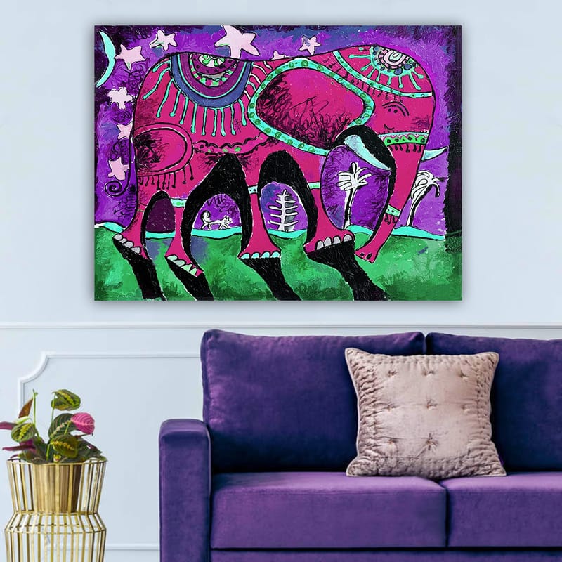 Lerretsbilde 70x100 cm - Fargerik elefant med dekorative mønstre og symboler - Lilla / Rosa / Grønn - Interiør - Maleri & posters - Lerretsbilder