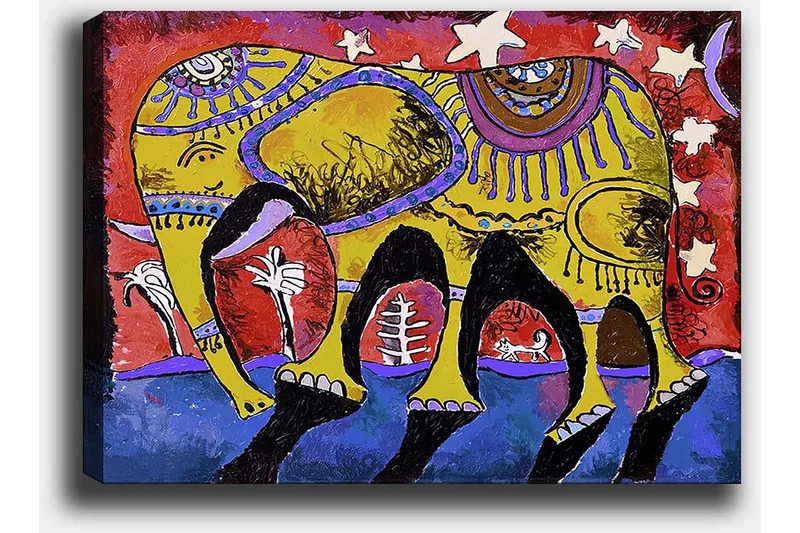 Lerretsbilde 70x100 cm - Fargerik elefant med dekorative mønstre på en livlig bakgrunn - Gul / Rød / Blå - Interiør - Maleri & posters - Lerretsbilder