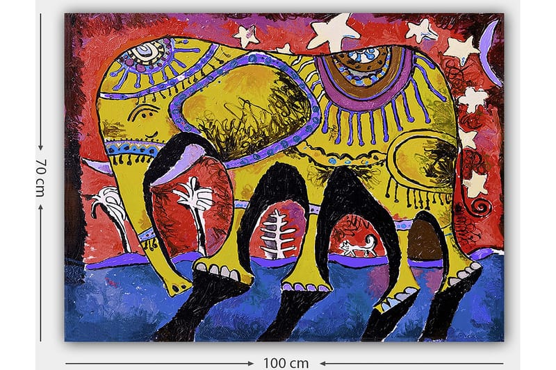 Lerretsbilde 70x100 cm - Fargerik elefant med dekorative mønstre på en livlig bakgrunn - Gul / Rød / Blå - Interiør - Maleri & posters - Lerretsbilder