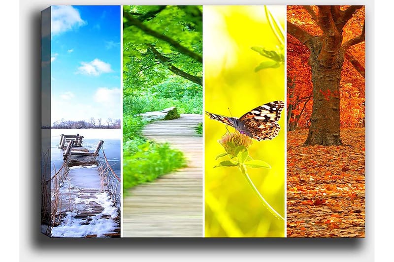 Lerretsbilde 70x100 cm - Fargerik firedelt maleri som viser forskjellige årstider med naturmotiver - Blå / Grønn / Oransje - Interiør - Maleri & posters - Lerretsbilder