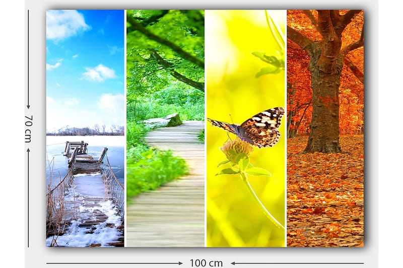 Lerretsbilde 70x100 cm - Fargerik firedelt maleri som viser forskjellige årstider med naturmotiver - Blå / Grønn / Oransje - Interiør - Maleri & posters - Lerretsbilder