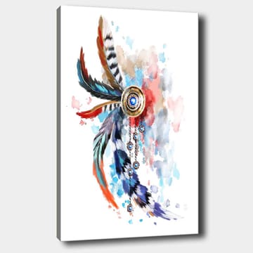 Lerretsbilde 70x100 cm - Fargerik fjærpynt med en sentral sirkel og opphengsdetaljer - Blå / Rød / Svart - Interiør - Maleri & posters - Lerretsbilder