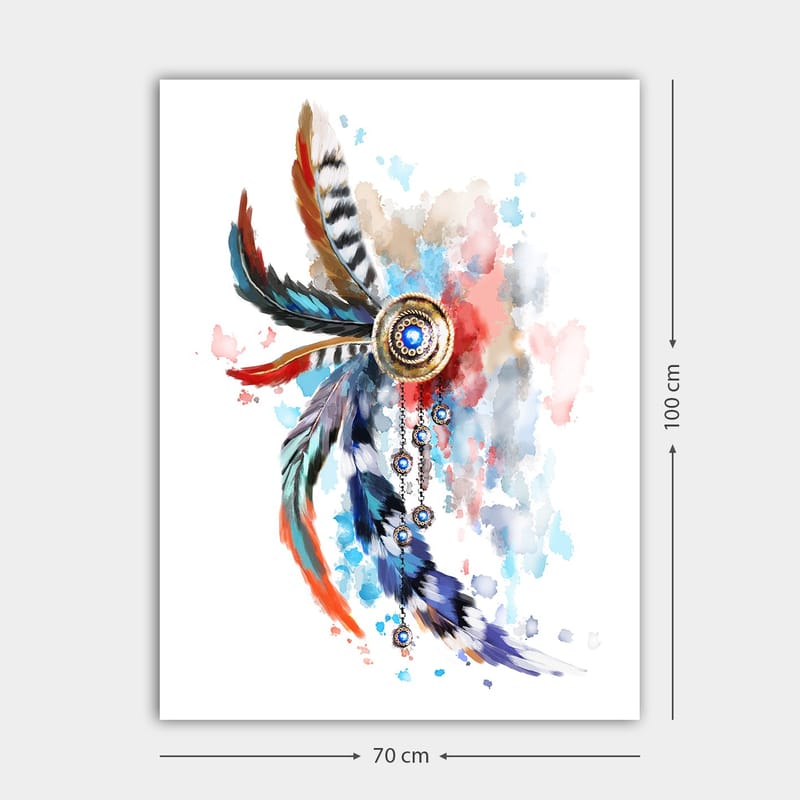 Lerretsbilde 70x100 cm - Fargerik fjærpynt med en sentral sirkel og opphengsdetaljer - Blå / Rød / Svart - Interiør - Maleri & posters - Lerretsbilder