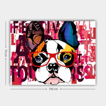 Lerretsbilde 70x100 cm - Fargerik fransk bulldog med briller og lekne detaljer - Hvit / Svart / Rød - Interiør - Maleri & posters - Lerretsbilder