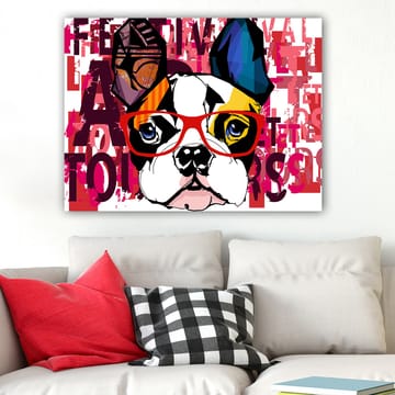 Lerretsbilde 70x100 cm - Fargerik fransk bulldog med briller og lekne detaljer - Hvit / Svart / Rød - Interiør - Maleri & posters - Lerretsbilder