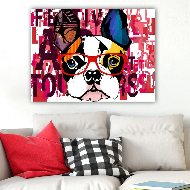 Lerretsbilde 70x100 cm - Fargerik fransk bulldog med briller og lekne detaljer - Hvit / Svart / Rød - Interiør - Maleri & posters - Lerretsbilder