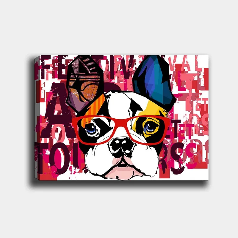 Lerretsbilde 70x100 cm - Fargerik fransk bulldog med briller og lekne detaljer, Hvit / Svart / Rød
