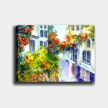 Lerretsbilde 70x100 cm - Fargerik gate med blomster og grøntområder i et middelhavsmiljø - Grønn / Rød / Blå - Interiør - Maleri & posters - Lerretsbilder