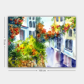 Lerretsbilde 70x100 cm - Fargerik gate med blomster og grøntområder i et middelhavsmiljø - Grønn / Rød / Blå - Interiør - Maleri & posters - Lerretsbilder