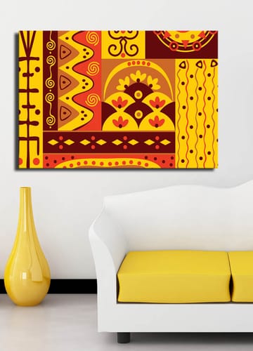 Lerretsbilde 70x100 cm - Fargerik geometrisk mønsterdesign med elementer av abstrakte former og symboler - Gul / Rød / Brun - Interiør - Maleri & posters - Lerretsbilder