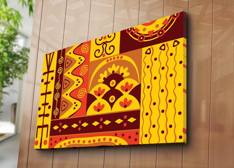 Lerretsbilde 70x100 cm - Fargerik geometrisk mønsterdesign med elementer av abstrakte former og symboler - Gul / Rød / Brun - Interiør - Maleri & posters - Lerretsbilder