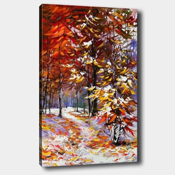 Lerretsbilde 70x100 cm - Fargerik høstscene med trær i rike nyanser av rødt og gult, omgitt av snø - Rød / Gul / Hvit - Interiør - Maleri & posters - Lerretsbilder