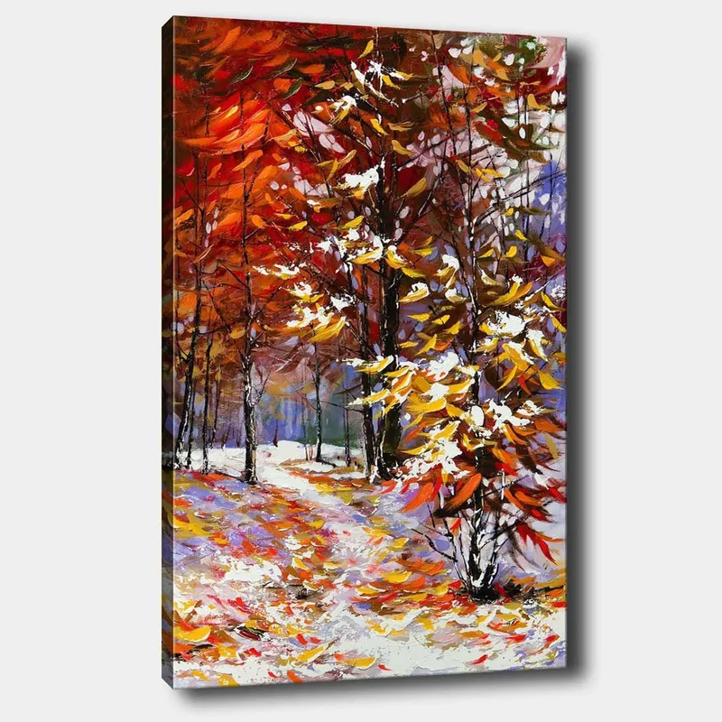 Lerretsbilde 70x100 cm - Fargerik høstscene med trær i rike nyanser av rødt og gult, omgitt av snø, Rød / Gul / Hvit