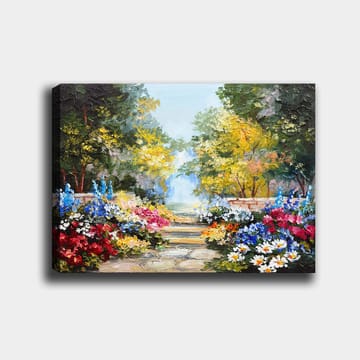 Lerretsbilde 70x100 cm - Fargerik hage med blomsteroppsatser og en asfaltert sti som fører inn i et frodig miljø - Grønn / Rød / Blå - Interiør - Maleri & posters - Lerretsbilder