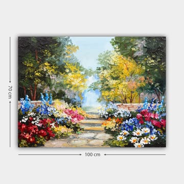 Lerretsbilde 70x100 cm - Fargerik hage med blomsteroppsatser og en asfaltert sti som fører inn i et frodig miljø - Grønn / Rød / Blå - Interiør - Maleri & posters - Lerretsbilder