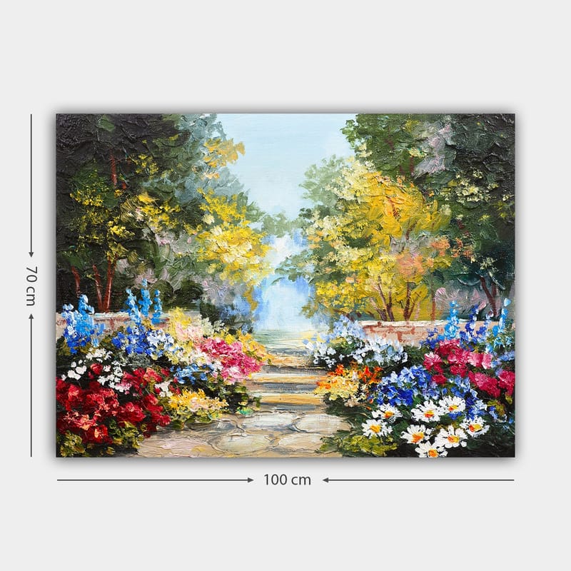 Lerretsbilde 70x100 cm - Fargerik hage med blomsteroppsatser og en asfaltert sti som fører inn i et frodig miljø - Grønn / Rød / Blå - Interiør - Maleri & posters - Lerretsbilder