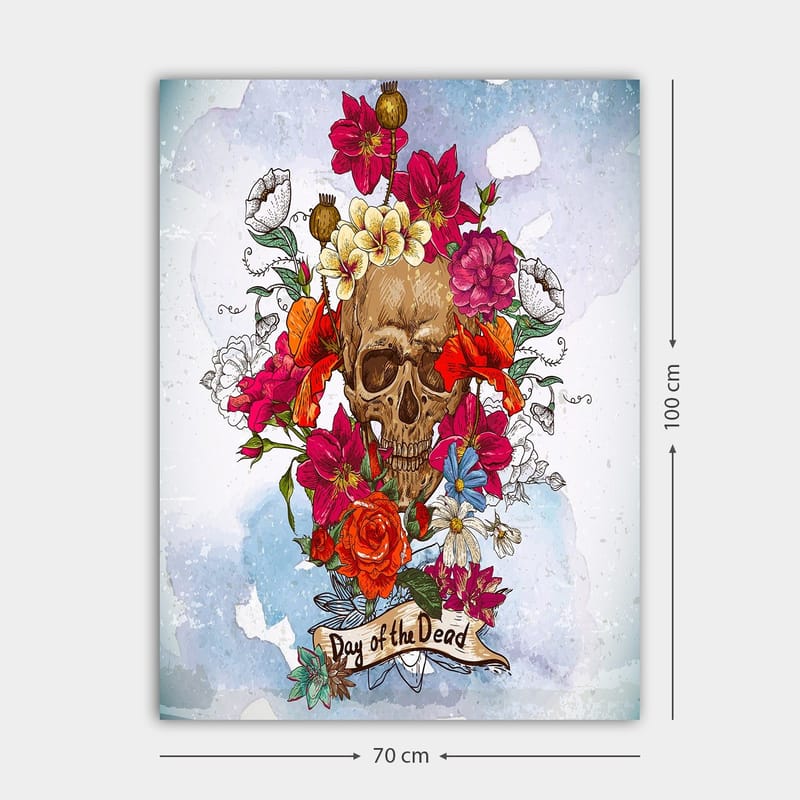 Lerretsbilde 70x100 cm - Fargerik hodeskalle omgitt av blomster, symboliserer Día de los Muertos - Rød / Rosa / Gul - Interiør - Maleri & posters - Lerretsbilder