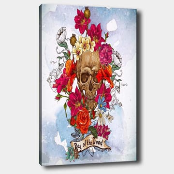 Lerretsbilde 70x100 cm - Fargerik hodeskalle omgitt av blomster, symboliserer Día de los Muertos - Rød / Rosa / Gul - Interiør - Maleri & posters - Lerretsbilder