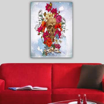 Lerretsbilde 70x100 cm - Fargerik hodeskalle omgitt av blomster, symboliserer Día de los Muertos - Rød / Rosa / Gul - Interiør - Maleri & posters - Lerretsbilder