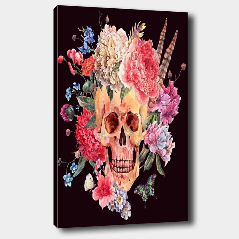 Lerretsbilde 70x100 cm - Fargerik hodeskalle omgitt av blomster, Rosa / Gul / Grønn