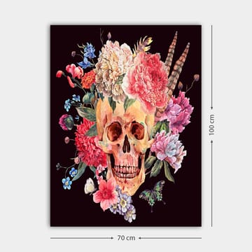 Lerretsbilde 70x100 cm - Fargerik hodeskalle omgitt av blomster - Rosa / Gul / Grønn - Interiør - Maleri & posters - Lerretsbilder