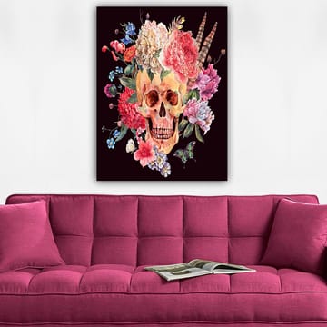 Lerretsbilde 70x100 cm - Fargerik hodeskalle omgitt av blomster - Rosa / Gul / Grønn - Interiør - Maleri & posters - Lerretsbilder