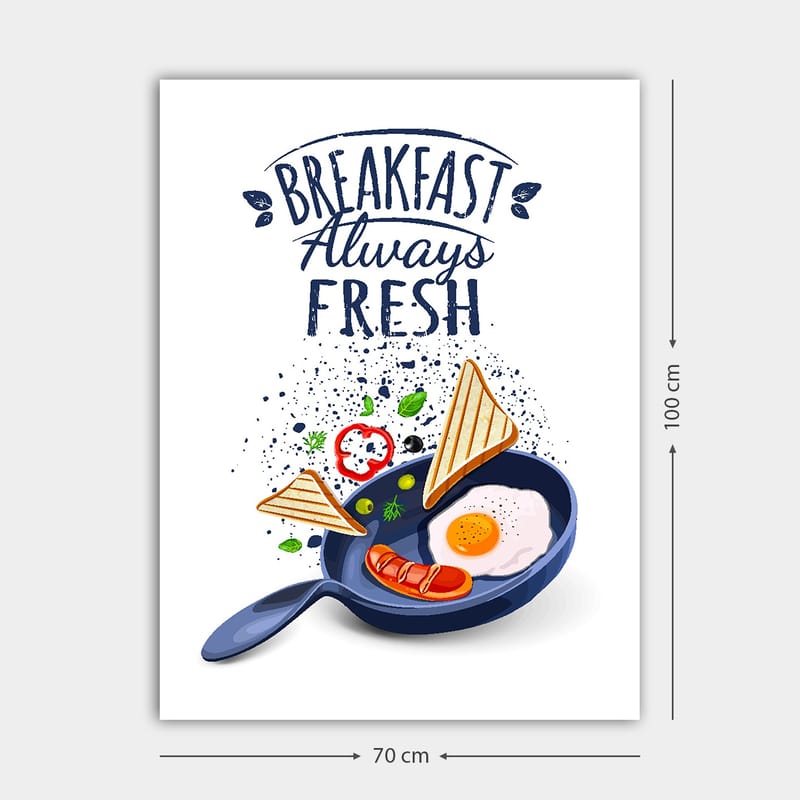Lerretsbilde 70x100 cm - Fargerik illustrasjon av frokost med egg, pølse og toast i stekepanne - Blå / Gul / Rød - Interiør - Maleri & posters - Lerretsbilder