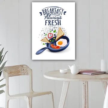 Lerretsbilde 70x100 cm - Fargerik illustrasjon av frokost med egg, pølse og toast i stekepanne - Blå / Gul / Rød - Interiør - Maleri & posters - Lerretsbilder
