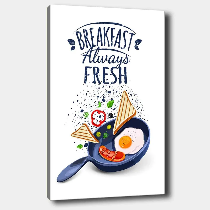 Lerretsbilde 70x100 cm - Fargerik illustrasjon av frokost med egg, pølse og toast i stekepanne, Blå / Gul / Rød