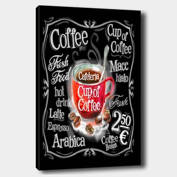 Lerretsbilde 70x100 cm - Fargerik kaffekopp med damp som stiger opp, omgitt av tekst og kaffebønner - Rød / Svart / Hvit - Interiør - Maleri & posters - Lerretsbilder