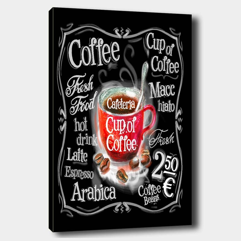 Lerretsbilde 70x100 cm - Fargerik kaffekopp med damp som stiger opp, omgitt av tekst og kaffebønner - Rød / Svart / Hvit - Interiør - Maleri & posters - Lerretsbilder