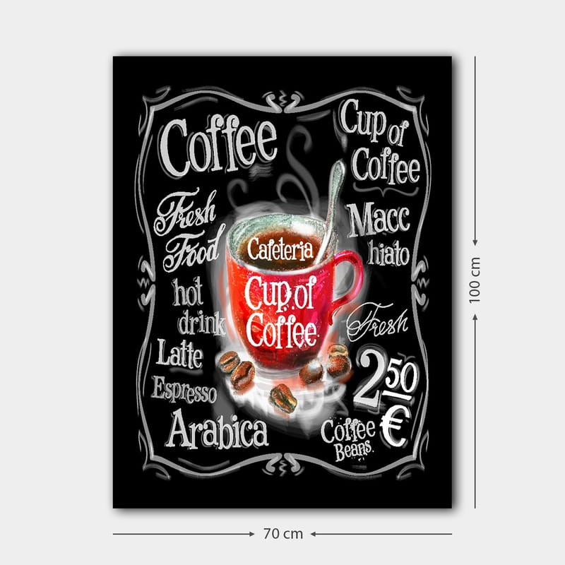 Lerretsbilde 70x100 cm - Fargerik kaffekopp med damp som stiger opp, omgitt av tekst og kaffebønner - Rød / Svart / Hvit - Interiør - Maleri & posters - Lerretsbilder