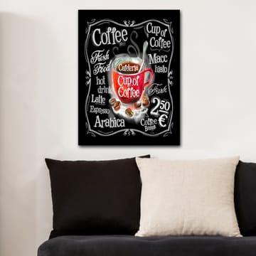 Lerretsbilde 70x100 cm - Fargerik kaffekopp med damp som stiger opp, omgitt av tekst og kaffebønner - Rød / Svart / Hvit - Interiør - Maleri & posters - Lerretsbilder