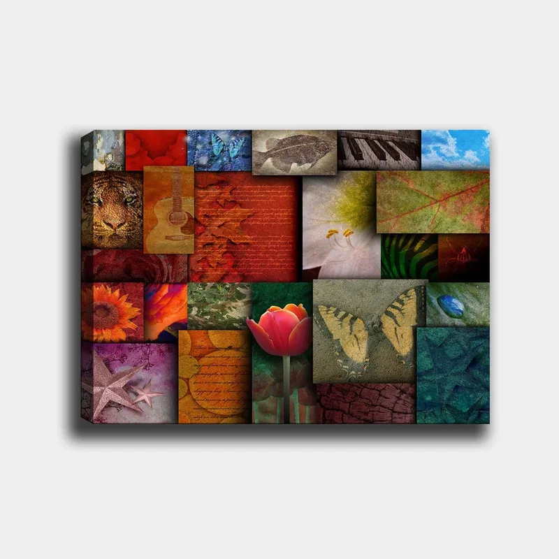Lerretsbilde 70x100 cm - Fargerik kollasj av forskjellige motiver, inkludert blomster, dyr og abstrakte mønstre - Rød / Oransje / Grønn - Interiør - Maleri & posters - Lerretsbilder