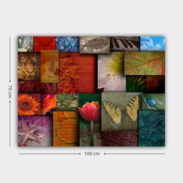 Lerretsbilde 70x100 cm - Fargerik kollasj av forskjellige motiver, inkludert blomster, dyr og abstrakte mønstre - Rød / Oransje / Grønn - Interiør - Maleri & posters - Lerretsbilder