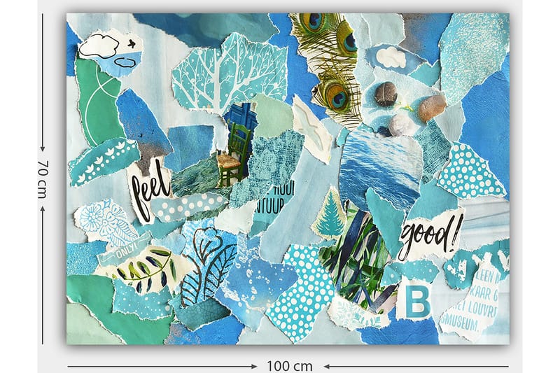 Lerretsbilde 70x100 cm - Fargerik kollasj med elementer av naturen og positive budskap - Blå / Grønn / Turkis - Interiør - Maleri & posters - Lerretsbilder