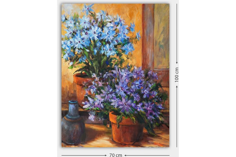 Lerretsbilde 70x100 cm - Fargerik komposisjon av blå og lilla blomster i potter - Blå / Lilla / Grønn - Interiør - Maleri & posters - Lerretsbilder