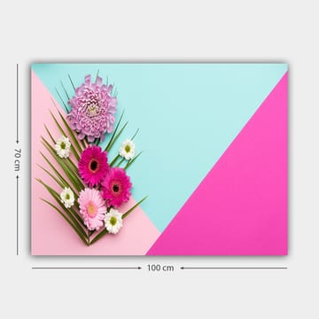 Lerretsbilde 70x100 cm - Fargerik komposisjon av blomster mot en geometrisk bakgrunn i pastellfarger - Rosa / Lys blå / Grønn - Interiør - Maleri & posters - Lerretsbilder