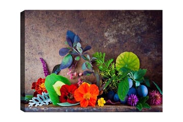 Lerretsbilde 70x100 cm - Fargerik komposisjon av blomster og grønne blader - Rød / Grønn / Lilla - Interiør - Maleri & posters - Lerretsbilder