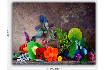 Lerretsbilde 70x100 cm - Fargerik komposisjon av blomster og grønne blader - Rød / Grønn / Lilla - Interiør - Maleri & posters - Lerretsbilder