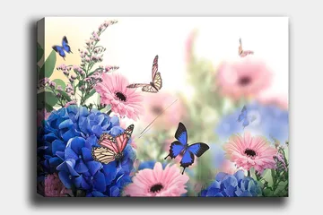 Lerretsbilde 70x100 cm - Fargerik komposisjon av blomster og sommerfugler i et harmonisk naturmiljø - Blå / Rosa / Lilla - Interiør - Maleri & posters - Lerretsbilder