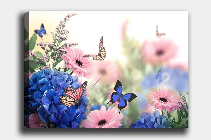 Lerretsbilde 70x100 cm - Fargerik komposisjon av blomster og sommerfugler i et harmonisk naturmiljø, Blå / Rosa / Lilla